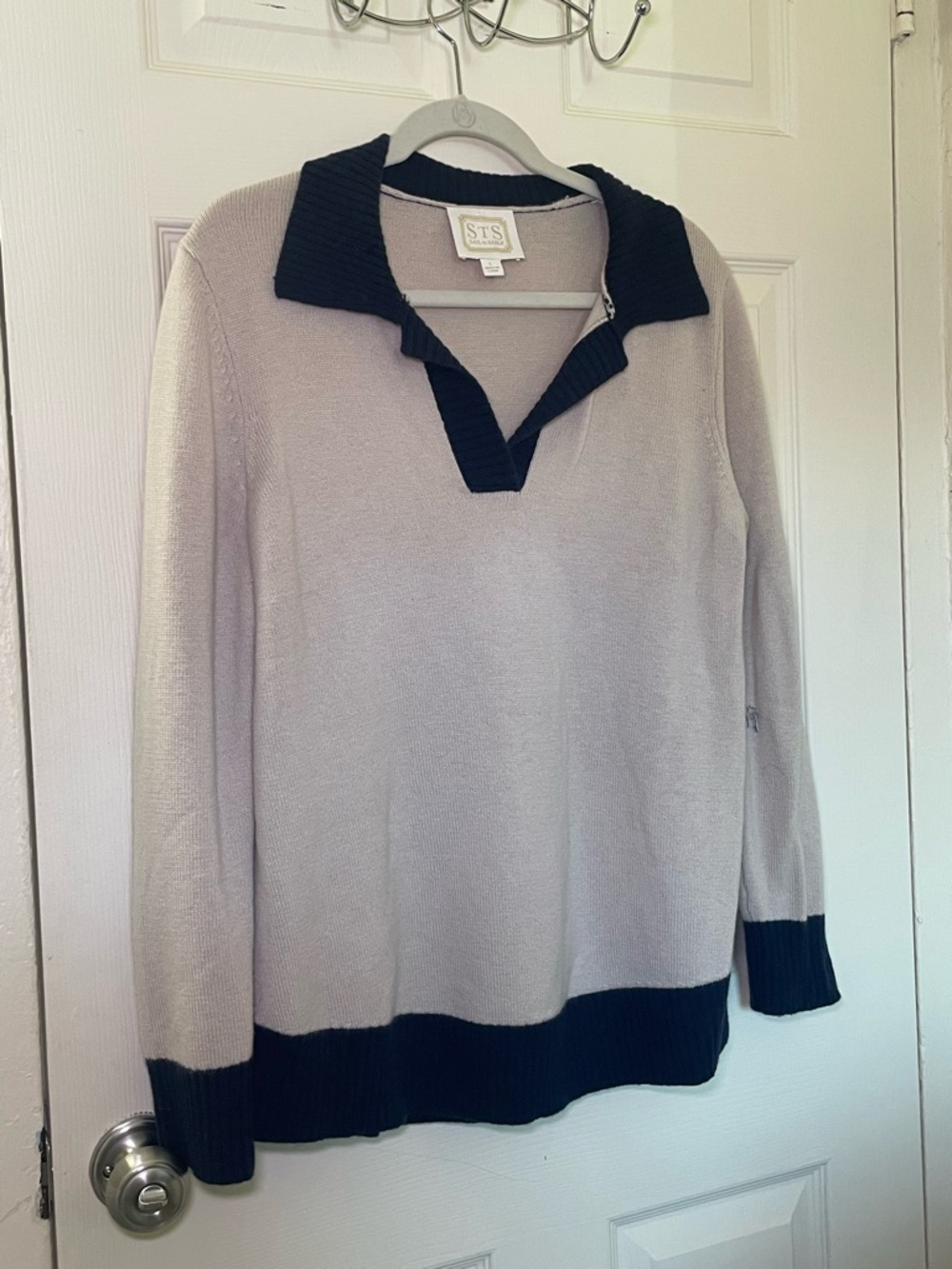 Sail to Sable Beige and Navy Contrast Collar Sweater